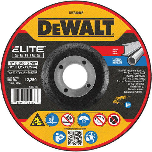 Elite Series Metal Cut-Off Wheel, 5" x 0.045", 7/8" Arbor, Zirconia Alumina, Type 27 Moffatt Supply & Specialties