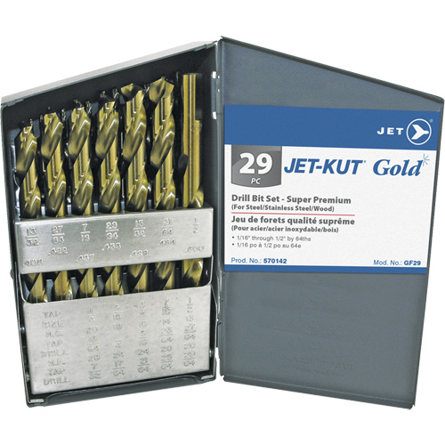 Jeu de forets de premi&egrave;re qualit&eacute; JET-KUT GOLD, 29 morceaux, Acier alli&eacute; Moffatt Supply & Specialties