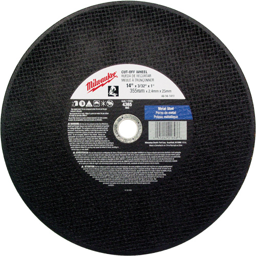 General Purpose Cut-Off Wheels, 14" x 3/32", 1" Arbor, Type 1, Aluminum Oxide, 4365 RPM Moffatt Supply & Specialties