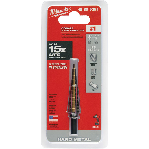 Step Drill Bit, 1/8"/#1 - 1/2"/#1 , 1/32" Increments, High Speed Cobalt Moffatt Supply & Specialties