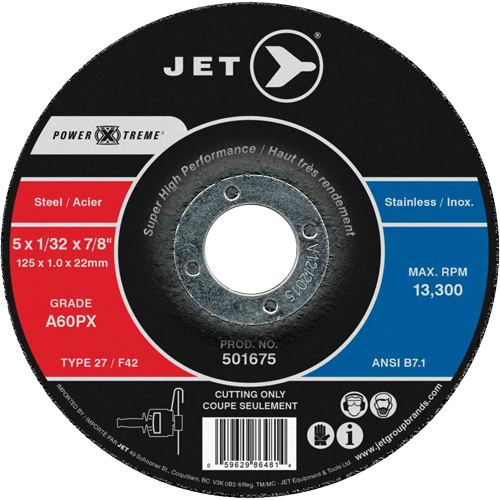 Meules &agrave; tronçonner Power Xtreme pour des meuleuses &agrave; angle — pour acier/acier inoxydable, 5" x 1/32", Arbre de 7/8", Type 27, 12 200 Tr/min Moffatt Supply & Specialties