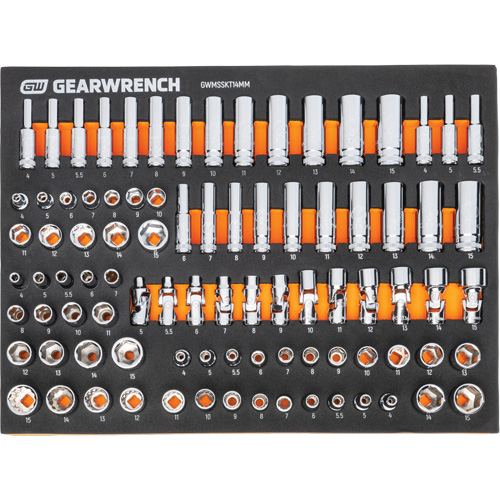 Jeu d'outils m&eacute;triques pour m&eacute;canicien MEGAMOD dans des plateaux en mousse modulaire avec armoire roulante &agrave; outils, 358 morcea Moffatt Supply & Specialties