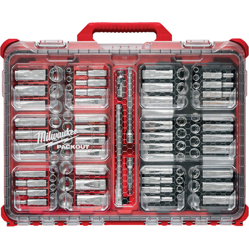 Jeu de cliquets et douilles m&eacute;triques/SAE avec organisateur PACKOUT &agrave; profil bas, 98 Mcx, Prise de 3/8" Moffatt Supply & Specialties
