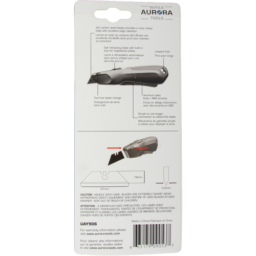 Couteau de s&eacute;curit&eacute; r&eacute;tractable READYEDGE, Acier inoxydable, Robuste, Prise en Plastique/Aluminium Moffatt Supply & Specialties