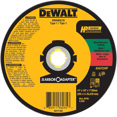 High Performance Cutting Wheel for Circular Saws, 14" x 1/8" Arbor, Aluminum Oxide Moffatt Supply & Specialties