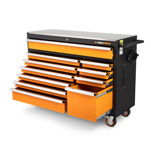 Rolling Tool Cabinet with Stainless Steel Worktop, 11 Drawers, 52" W x 18" D x 36" H, Black/Orange Moffatt Supply & Specialties