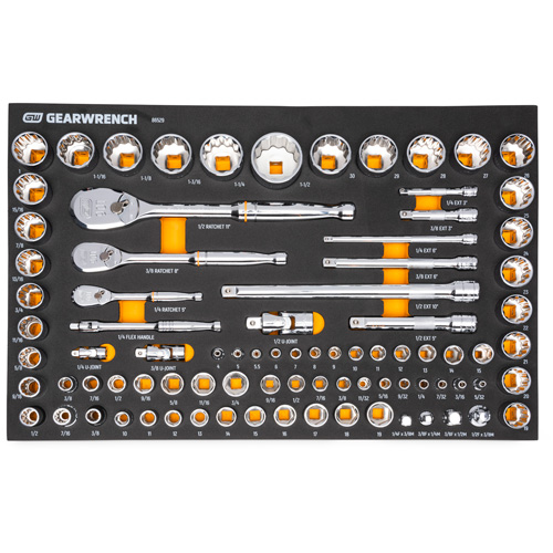 Jeu d'outils SAE/m&eacute;triques pour m&eacute;canicien &agrave; 90 dents 1/4", 3/8" & 1/2" avec plateau de rangement en mousse Moffatt Supply & Specialties