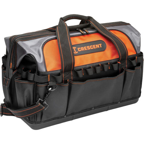 20" Contractor Tool Bag, 1680 Denier/Polyester, 31 Pockets, Black/Grey/Orange Moffatt Supply & Specialties
