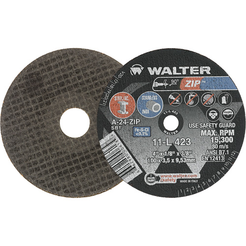 Zip Cut-Off Wheel, 4" x 1/8", 3/8" Arbor, Type 1, Aluminum Oxide, 19100 RPM Moffatt Supply & Specialties