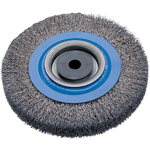 Crimped Wire Bench Wheel Brush, 8" Dia., 0.0118" Fill, 5/8" - 1-1/4" Arbor Moffatt Supply & Specialties