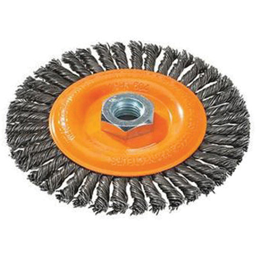 Brosse &agrave; fils nou&eacute;s pour cordons de soudure, Dia. 4", Fils 0,02", Arbre 5/8"-11, Acier Moffatt Supply & Specialties