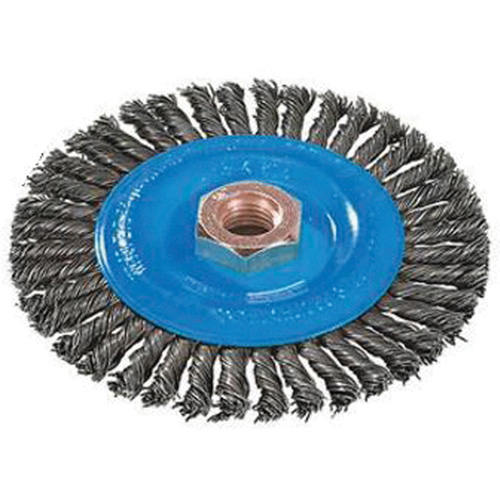 Stringer Bead Knotted Wire Brush, 4" Dia., 0.02" Fill, 5/8"-11 Arbor, Aluminum/Stainless Steel Moffatt Supply & Specialties