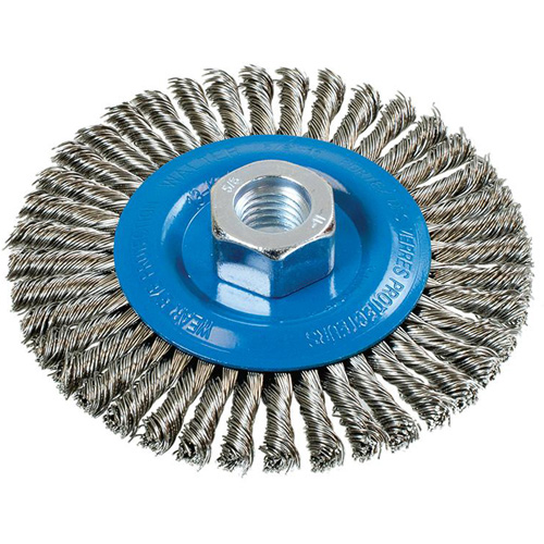 Stringer Bead Knotted Wire Brush, 4-1/2" Dia., 0.02" Fill, 5/8"-11 Arbor, Aluminum/Stainless Steel Moffatt Supply & Specialties