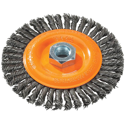 Brosse &agrave; fils nou&eacute;s pour cordons de soudure, Dia. 5", Fils 0,02", Arbre 5/8"-11, Acier Moffatt Supply & Specialties