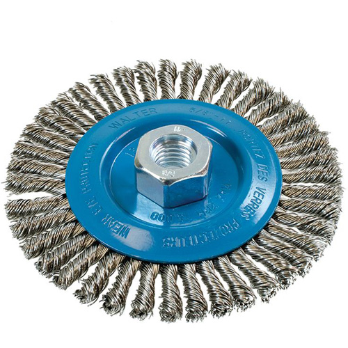 Knot-Twisted Stringer Bead Wire Wheel, 5" Dia., 0.02" Fill, 5/8"-11 Arbor, Aluminum/Stainless Steel Moffatt Supply & Specialties