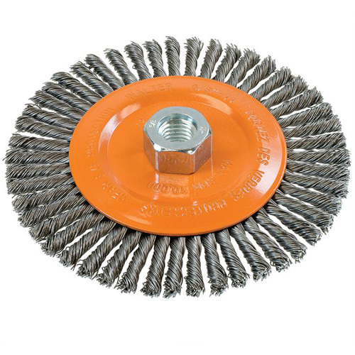 Brosse &agrave; fils nou&eacute;s pour cordons de soudure, Dia. 6", Fils 0,02", Arbre 5/8"-11, Acier Moffatt Supply & Specialties