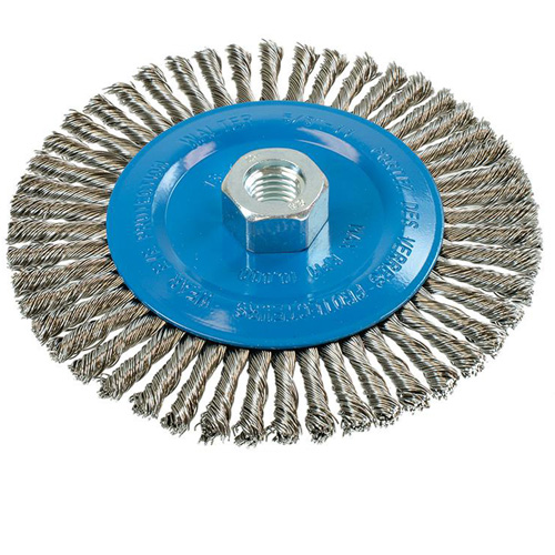 Knot-Twisted Stringer Bead Wire Wheel, 6" Dia., 0.02" Fill, 5/8"-11 Arbor, Aluminum/Stainless Steel Moffatt Supply & Specialties