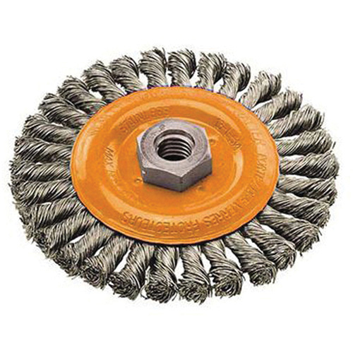Wide Knotted Wire Wheel Brush, 4" Dia., 0.02" Fill, 5/8"-11 Arbor, Steel Moffatt Supply & Specialties