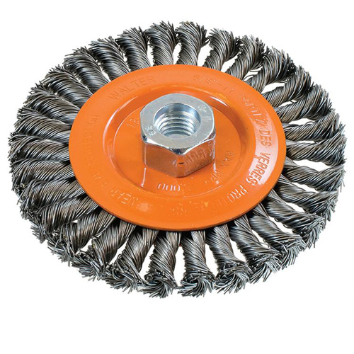 Brosse rotative &agrave; fils nou&eacute;s large, Dia. 5", Fils 0,02", Arbre 5/8"-11, Acier Moffatt Supply & Specialties