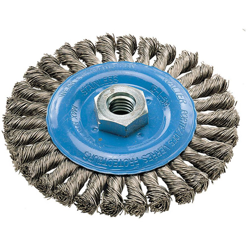 Wide Knotted Wire Wheel Brush, 5" Dia., 0.02" Fill, 5/8"-11 Arbor, Aluminum/Stainless Steel Moffatt Supply & Specialties