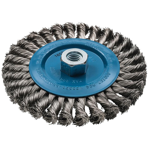 Brosse rotative &agrave; fils nou&eacute;s large, Dia. 6", Fils 0,02", Arbre 5/8"-11, Aluminium/Acier inoxydable Moffatt Supply & Specialties