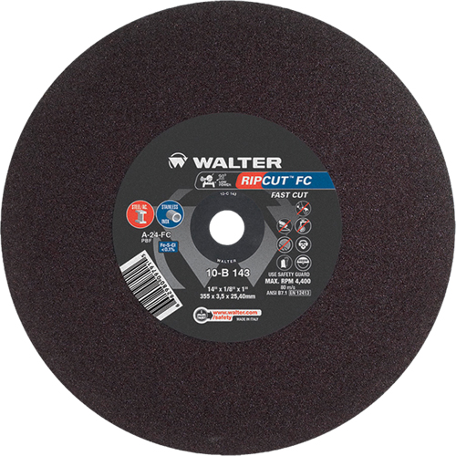 Meule &agrave; tronçonner Ripcut II pour la coupe de l'acier inoxydable et l'acier sur scies fixes, 14" x 1/8", Arbre de 1", Type 1, Oxyde d'aluminium, 4400 Tr/min Moffatt Supply & Specialties