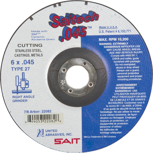 Cut-Off Wheel, 6" x 0.045", 7/8" Arbor, Type 27, Aluminum Oxide/Ceramic, 10200 RPM Moffatt Supply & Specialties