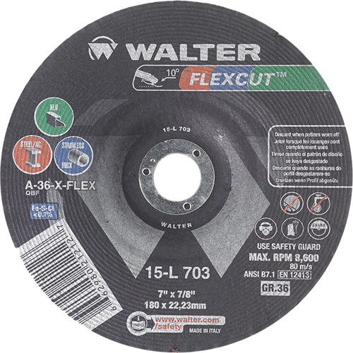 Flexcut Depressed Centre Grinding Wheels, 7", 36 Grit, Aluminum Oxide, 7/8", 8600 RPM, Type 29 Moffatt Supply & Specialties