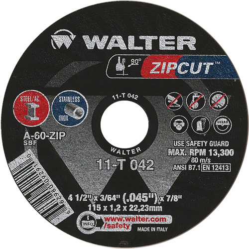 Zipcut Cut-Off Wheel, 4-1/2" x 3/64", 7/8" Arbor, Type 1, Aluminum Oxide, 13300 RPM Moffatt Supply & Specialties