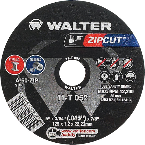Zipcut Cut-Off Wheel, 5" x 3/64", 7/8" Arbor, Type 1, Aluminum Oxide, 12200 RPM Moffatt Supply & Specialties
