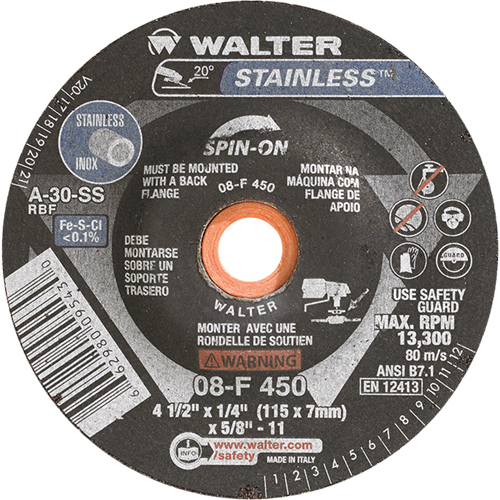 Depressed Centre Grinding Wheels - Stainless Type 27, 4-1/2" x 1/4", 5/8"-11 Arbor, Type 27S Moffatt Supply & Specialties