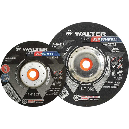 Meules &agrave; tronçonner renforc&eacute;es Zipcut vissables pour scies circulaires, 5" x 7/8", Arbre de 5/8"-11, Type 27, Oxyde d'aluminium, 12 200 Tr/min Moffatt Supply & Specialties