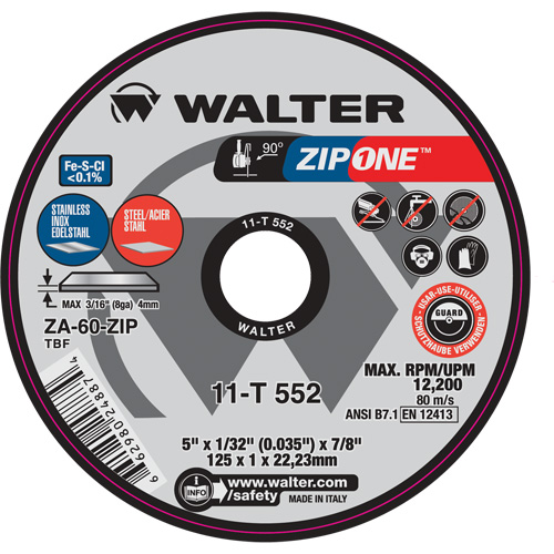 Zip One Cut-Off Wheel, 5" x 1/32", 7/8" Arbor, Type 1, Zirconia Alumina, 12200 RPM Moffatt Supply & Specialties