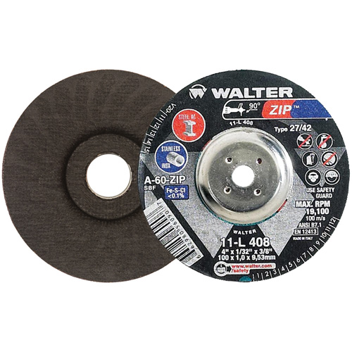 Disque de meulage et de tronçonnage Zip, 4" x 1/32", Arbre de 3/8", Type 27, Grain de 60, Oxyde d'aluminium Moffatt Supply & Specialties