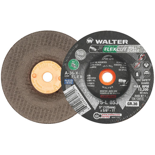 FLEXCUT MILL SCALE Grinding Wheel, 5", 36 Grit, Aluminum Oxide, 5/8"-11, 12200 RPM, Type 29 Moffatt Supply & Specialties