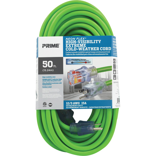 Cordon rallonge haute visibilit&eacute; Neon Flex, Ext&eacute;rieur, SJTW, AWG 12/3, 15 A, 50' Moffatt Supply & Specialties
