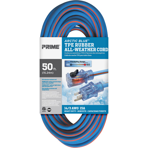 Arctic Blue Extension Cord, All-Weather, SJEOW, 14/3 AWG, 15 A, 50' Moffatt Supply & Specialties