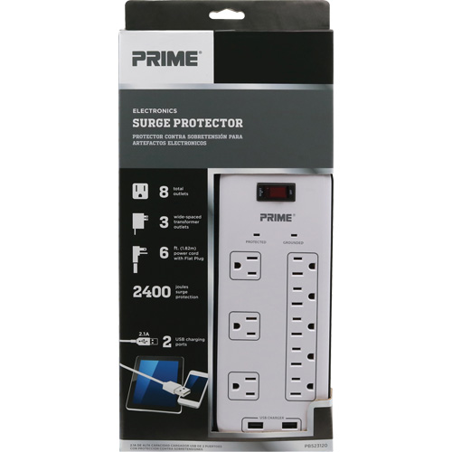 USB Charging Surge Protectors, 8 Outlets, 2400 J, 1875 W, 6' Cord Moffatt Supply & Specialties
