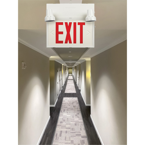 Exit Sign with Security Lights, LED, Battery Operated/Hardwired, 12-1/10" L x 11" W, English Moffatt Supply & Specialties