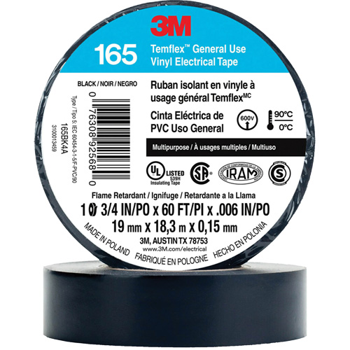 Ruban isolant en vinyle &agrave; usage g&eacute;n&eacute;ral Temflex 165, 19 mm (3/4") x 18 m (60'), Noir, 6 mils Moffatt Supply & Specialties