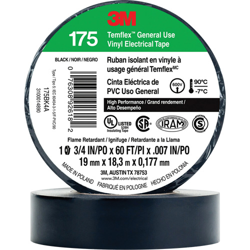Temflex General Use Vinyl Electrical Tape 175, 19 mm (3/4") x 18 M (60'), Black, 7 mils Moffatt Supply & Specialties