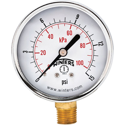 Economy Pressure Gauge, 2-1/2" , 0 - 15 psi, Bottom Mount, Analogue Moffatt Supply & Specialties