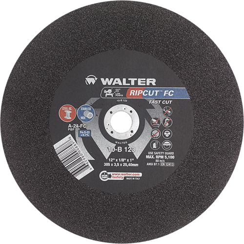 Ripcut Stainless Steel & Steel Cut-Off Wheel for Stationary Saws, 12" x 1/8", 1" Arbor, Type 1, Aluminum Oxide, 5100 RPM Moffatt Supply & Specialties