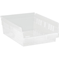 Shelf Bins, 8-3/8" W x 4" H x 11-5/8" D, Clear, 30 lbs. Capacity Moffatt Supply & Specialties