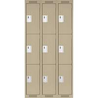 Clean Line Lockers, 3 -tier, Bank of 3, 36" x 18" x 72", Steel, Beige, Rivet (Assembled) Moffatt Supply & Specialties