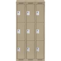 Clean Line Lockers, 3 -tier, Bank of 3, 36" x 18" x 78", Steel, Beige, Rivet (Assembled) Moffatt Supply & Specialties