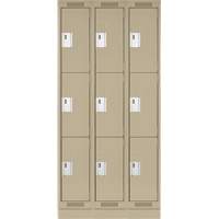 Clean Line Lockers, 3 -tier, Bank of 3, 36" x 18" x 76", Steel, Beige, Rivet (Assembled) Moffatt Supply & Specialties