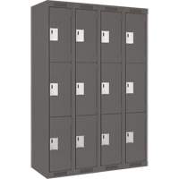 Clean Line Lockers, 3 -tier, Bank of 4, 48" x 18" x 72", Steel, Charcoal, Rivet (Assembled) Moffatt Supply & Specialties