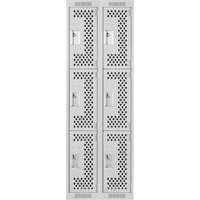 Clean Line Lockers, 3 -tier, Bank of 2, 24" x 12" x 72", Steel, Grey, Rivet (Assembled), Perforated Moffatt Supply & Specialties