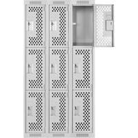Clean Line Lockers, 3 -tier, Bank of 3, 36" x 12" x 72", Steel, Grey, Rivet (Assembled), Perforated Moffatt Supply & Specialties